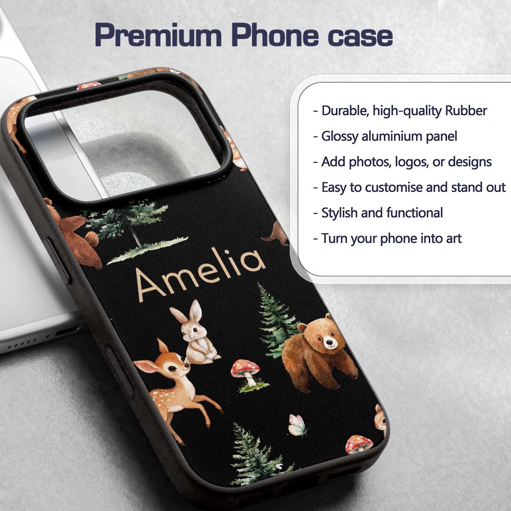 Woodland Animals Bear Deer Bunny Trees Mushrooms Custom Name Protective Phone Case Mobile Cover Durable Everyday Smartphone Shock Resistant