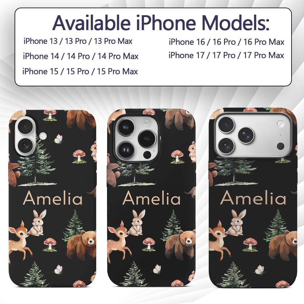 Woodland Animals Bear Deer Bunny Trees Mushrooms Custom Name Protective Phone Case Mobile Cover Durable Everyday Smartphone Shock Resistant