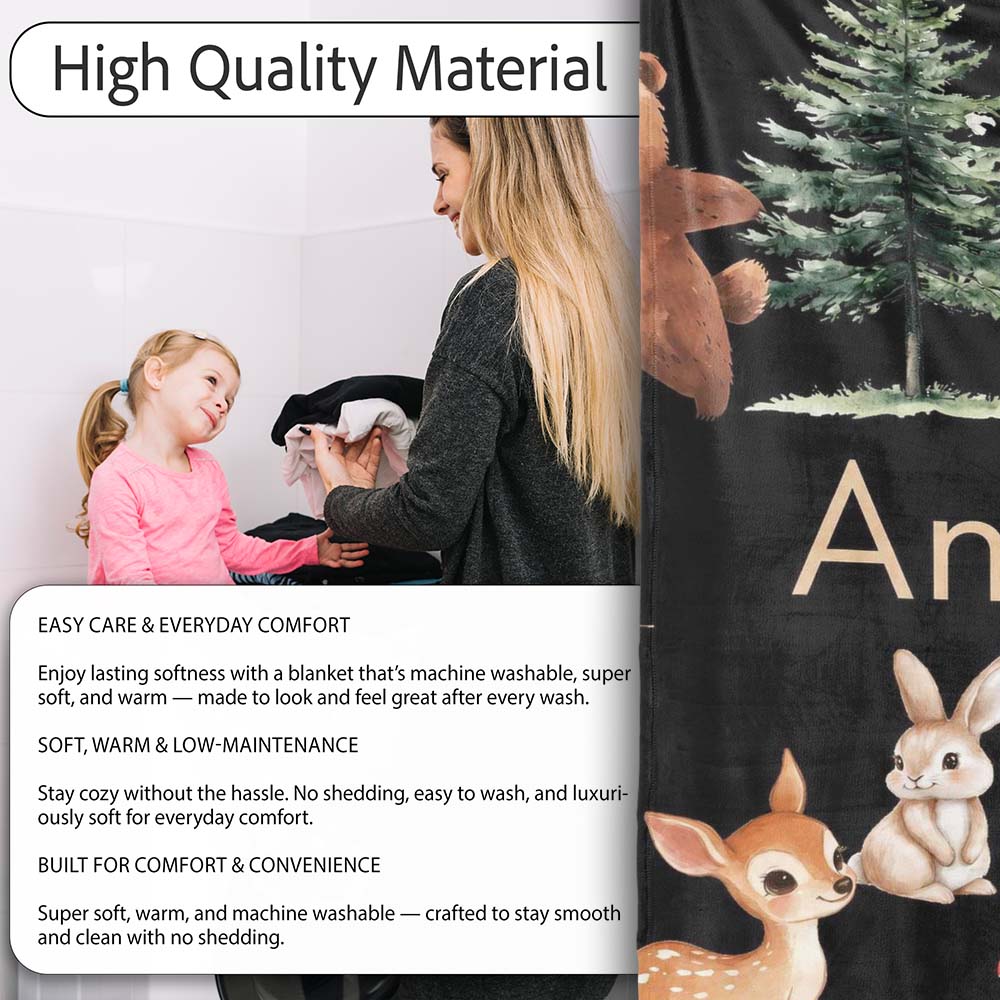 Woodland Animals Bear Deer Bunny Trees Mushrooms Butterfly Seamless  Personalised Custom Name Super Soft Fleece Blanket Bed Sofa Throw