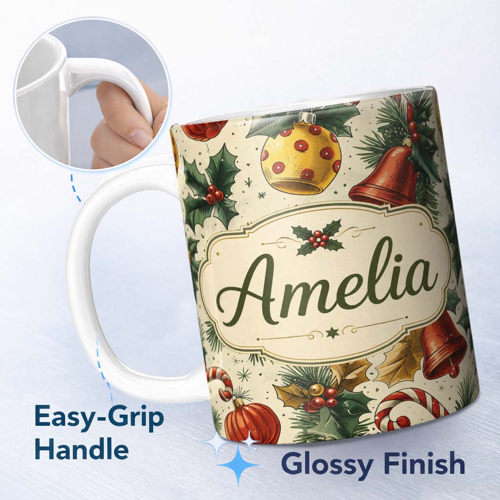 Personalized Custom Name Vintage Christmas Holly Bell Ornament Botanical Seamless Pattern 11oz Ceramic Coffee Tea Mug White Large Handle