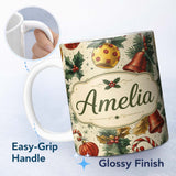 Personalized Custom Name Vintage Christmas Holly Bell Ornament Botanical Seamless Pattern 11oz Ceramic Coffee Tea Mug White Large Handle