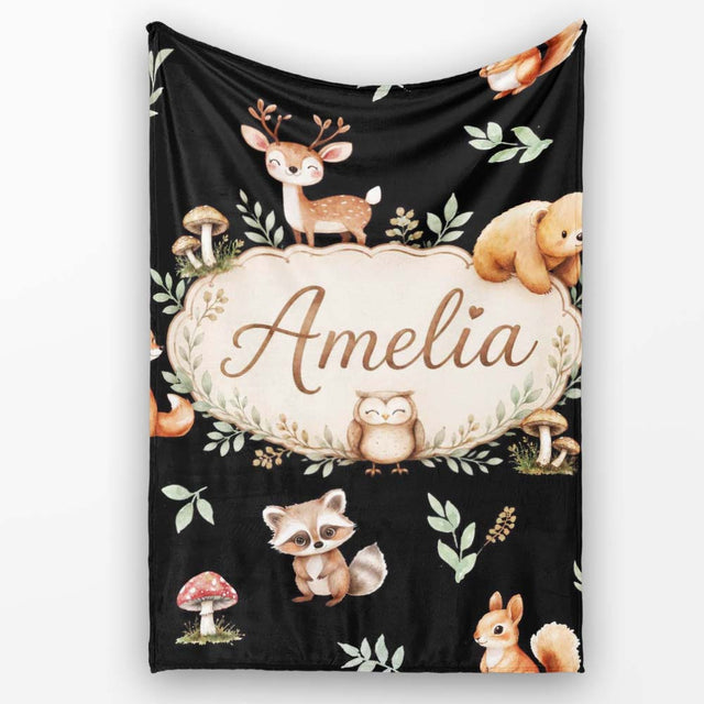 Cute Woodland Deer Bear Fox Owl Raccoon Leaves Mushrooms Seamless  Personalised Custom Name Super Soft Fleece Blanket Bed Sofa Throw