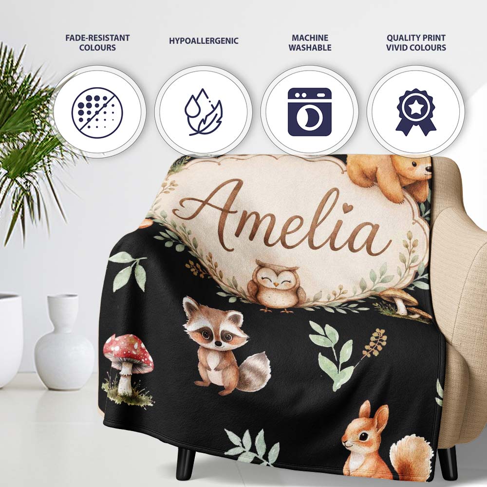 Cute Woodland Deer Bear Fox Owl Raccoon Leaves Mushrooms Seamless  Personalised Custom Name Super Soft Fleece Blanket Bed Sofa Throw