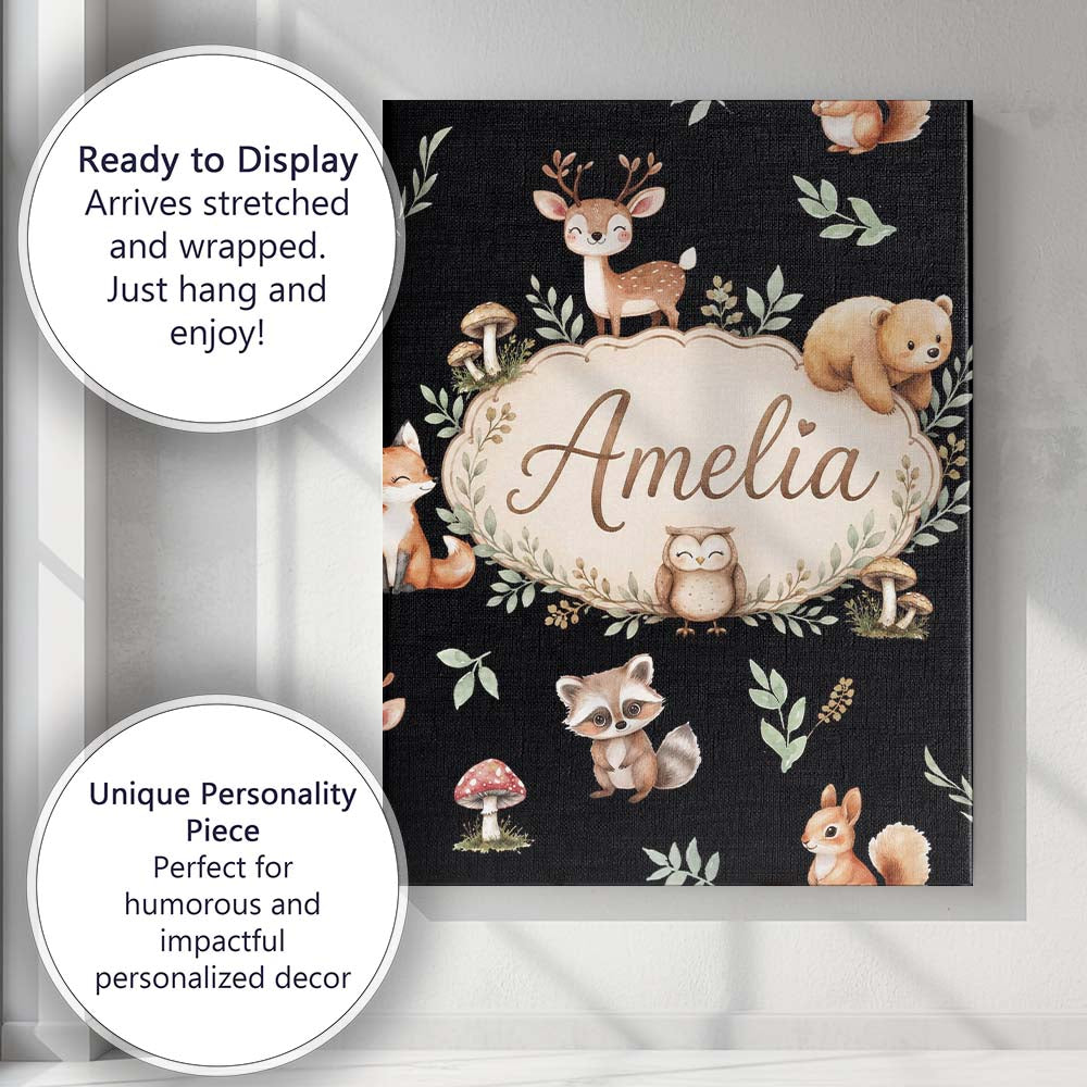 Personalised Name Cute Woodland Deer Bear Custom  Unique Gift Idea Elegant Feature Canvas Wall Art Print Decor Picture Ready to Hang