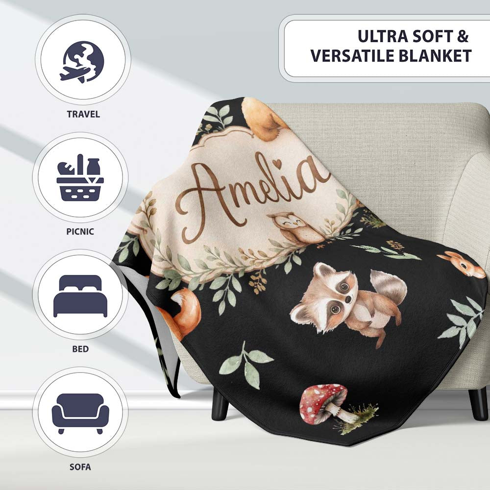 Cute Woodland Deer Bear Fox Owl Raccoon Leaves Mushrooms Seamless  Personalised Custom Name Super Soft Fleece Blanket Bed Sofa Throw