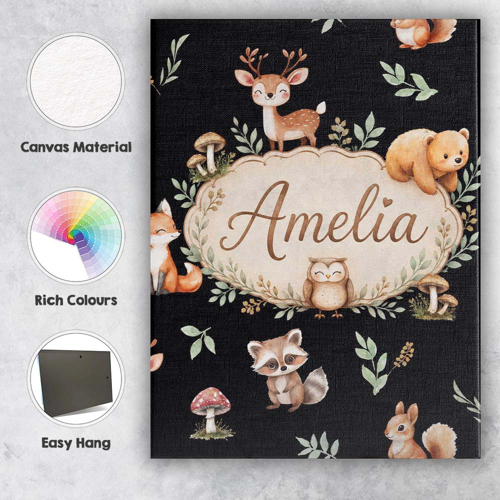 Personalised Name Cute Woodland Deer Bear Custom  Unique Gift Idea Elegant Feature Canvas Wall Art Print Decor Picture Ready to Hang