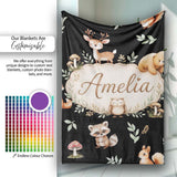 Cute Woodland Deer Bear Fox Owl Raccoon Leaves Mushrooms Seamless  Personalised Custom Name Super Soft Fleece Blanket Bed Sofa Throw