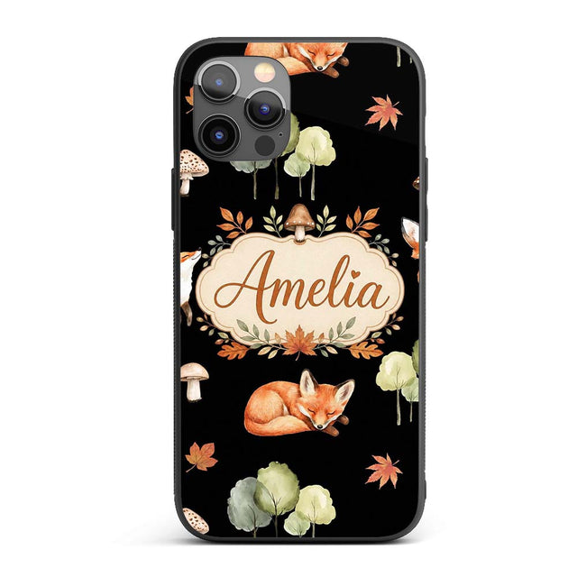 Cute Forest Fox Autumn Leaves Trees Mushrooms Custom Name Protective Phone Case Mobile Cover Durable Everyday Smartphone Shock Resistant