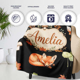 Cute Forest Fox Autumn Leaves Trees Mushrooms Woodland Animals  Personalised Custom Name Super Soft Fleece Blanket Bed Sofa Throw