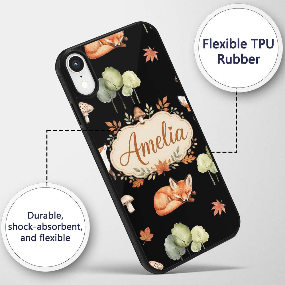 Cute Forest Fox Autumn Leaves Trees Mushrooms Custom Name Protective Phone Case Mobile Cover Durable Everyday Smartphone Shock Resistant