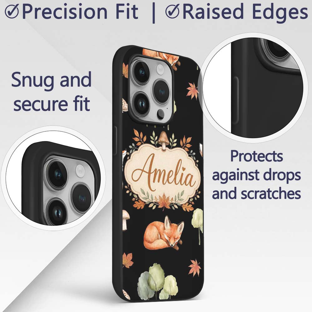 Cute Forest Fox Autumn Leaves Trees Mushrooms Custom Name Protective Phone Case Mobile Cover Durable Everyday Smartphone Shock Resistant