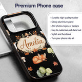Cute Forest Fox Autumn Leaves Trees Mushrooms Custom Name Protective Phone Case Mobile Cover Durable Everyday Smartphone Shock Resistant
