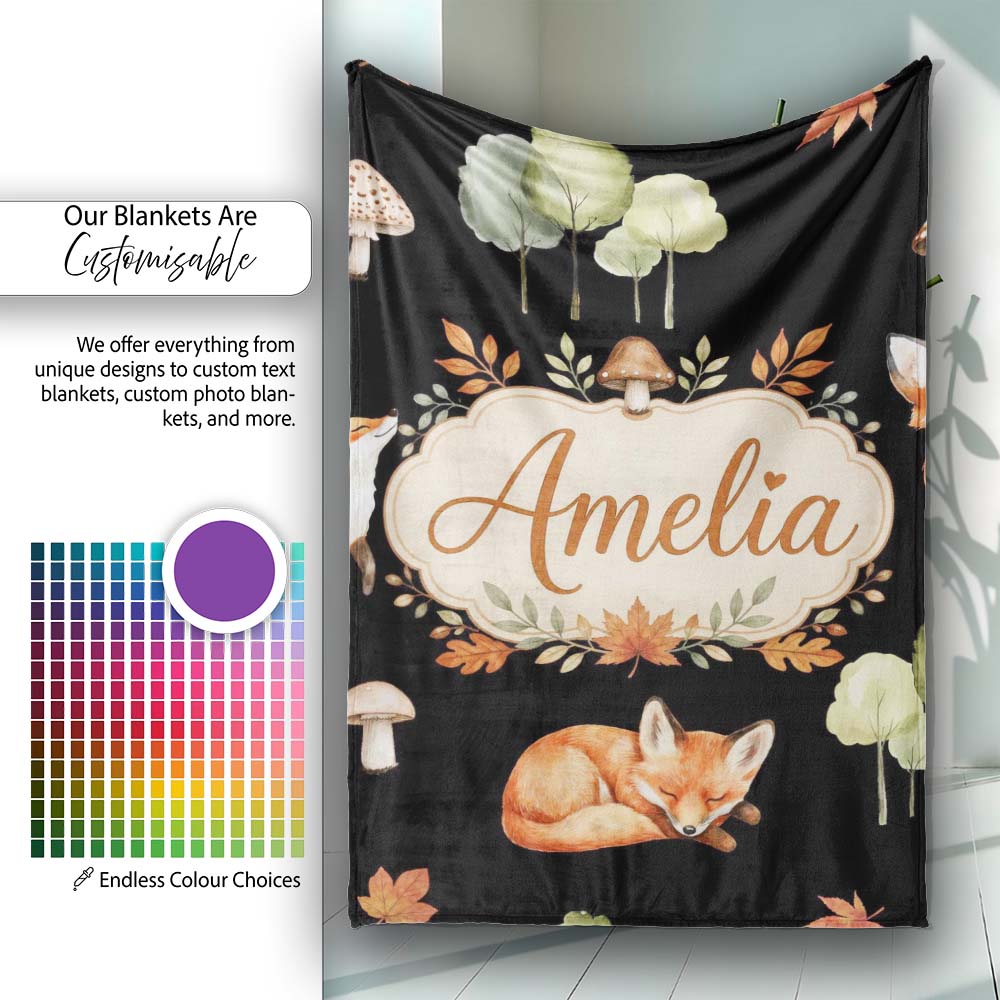 Cute Forest Fox Autumn Leaves Trees Mushrooms Woodland Animals  Personalised Custom Name Super Soft Fleece Blanket Bed Sofa Throw