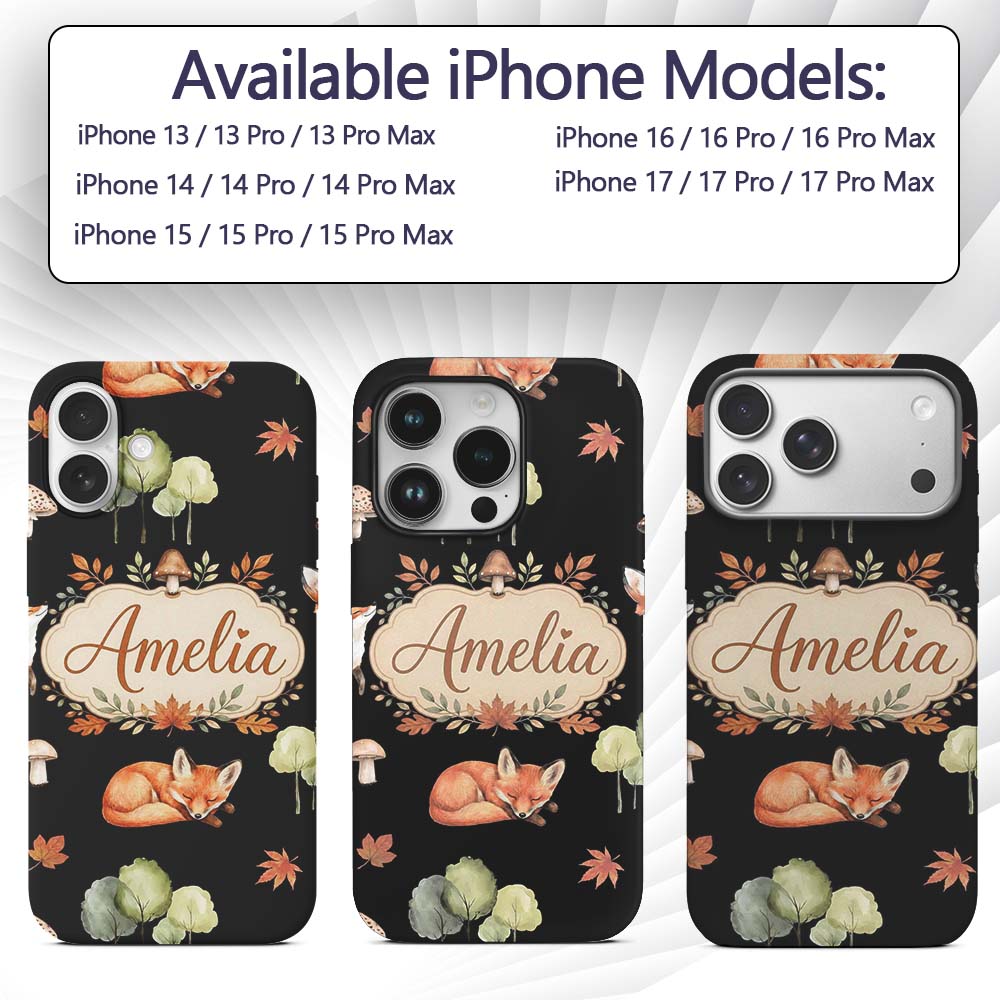Cute Forest Fox Autumn Leaves Trees Mushrooms Custom Name Protective Phone Case Mobile Cover Durable Everyday Smartphone Shock Resistant