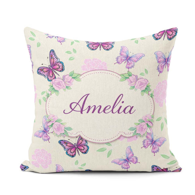 Custom Name Pink Purple Floral Beige Background Seamless Pattern Square Filled Cushion Throw Pillow Sofa Bed Home Decor Zip Washable UK Made