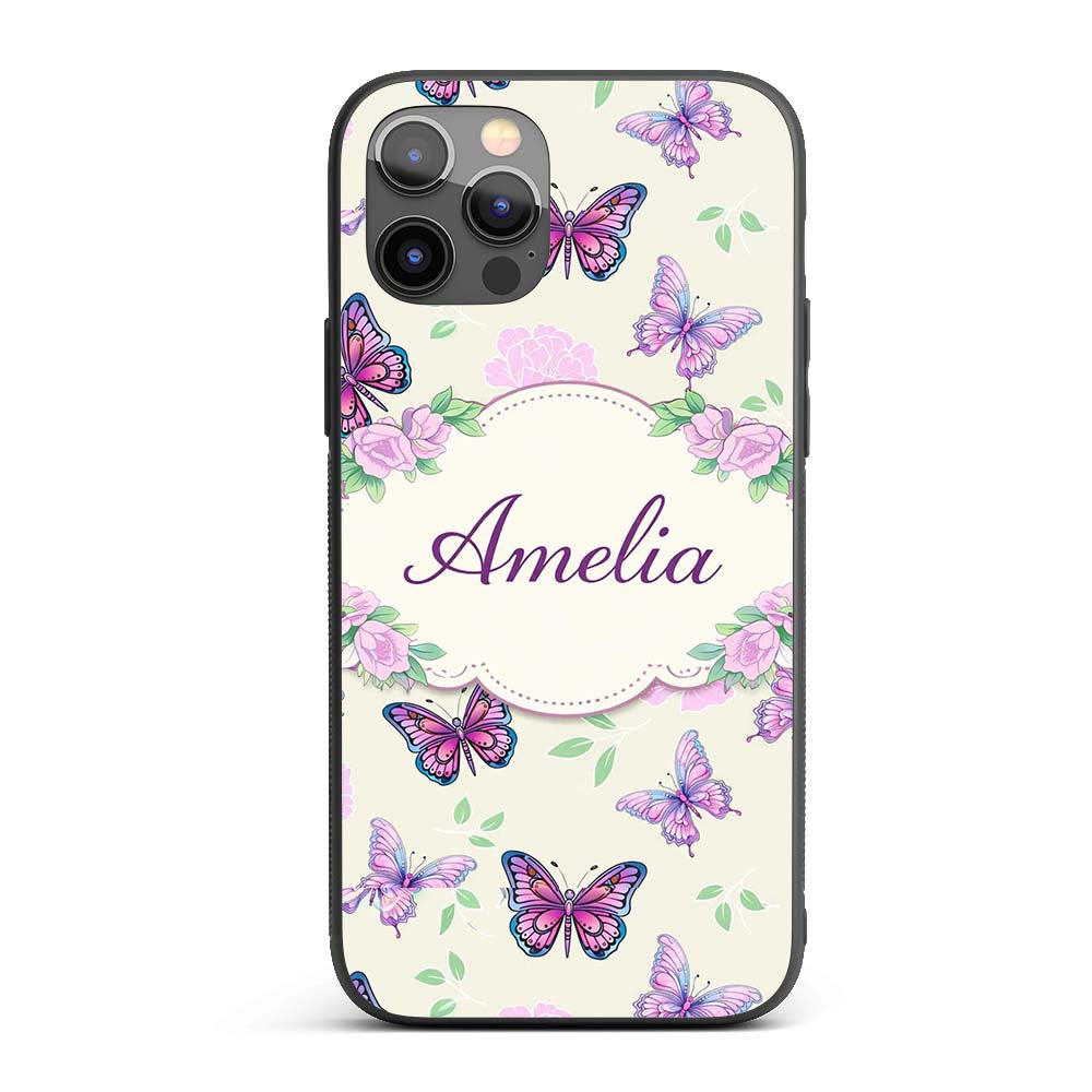 Pink Purple Butterfly Floral Beige Background Custom Name Protective Phone Case Mobile Cover Durable Everyday Smartphone Shock Resistant