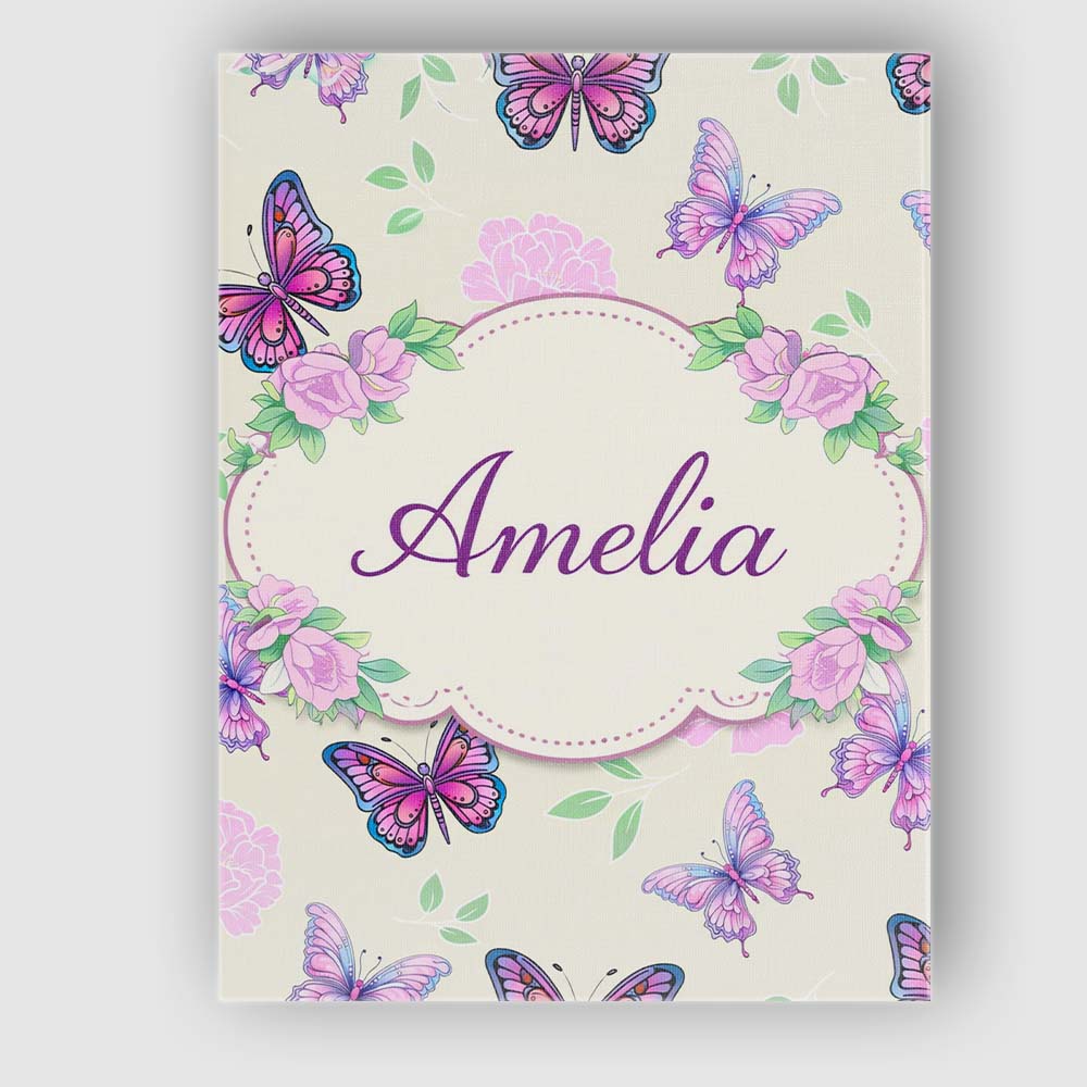 Personalised Name Pink Purple Butterfly Floral Beige Background Custom  Statement Canvas Wall Art Print Decor Picture Ready to Hang