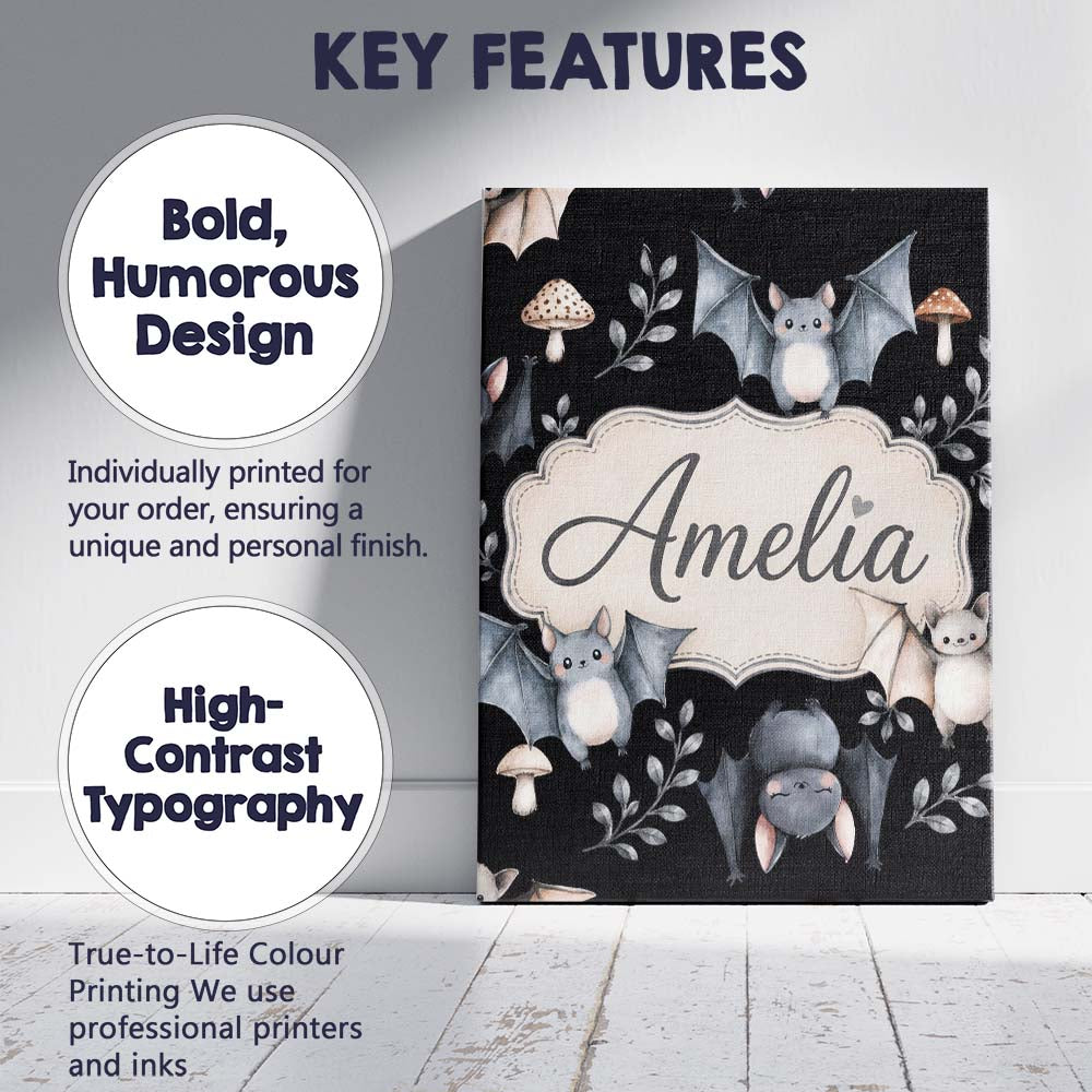 Personalised Name Cute Halloween Bats Custom Modern Room Accent Creative Decorator Style Canvas Wall Art Print Decor Picture Ready to Hang