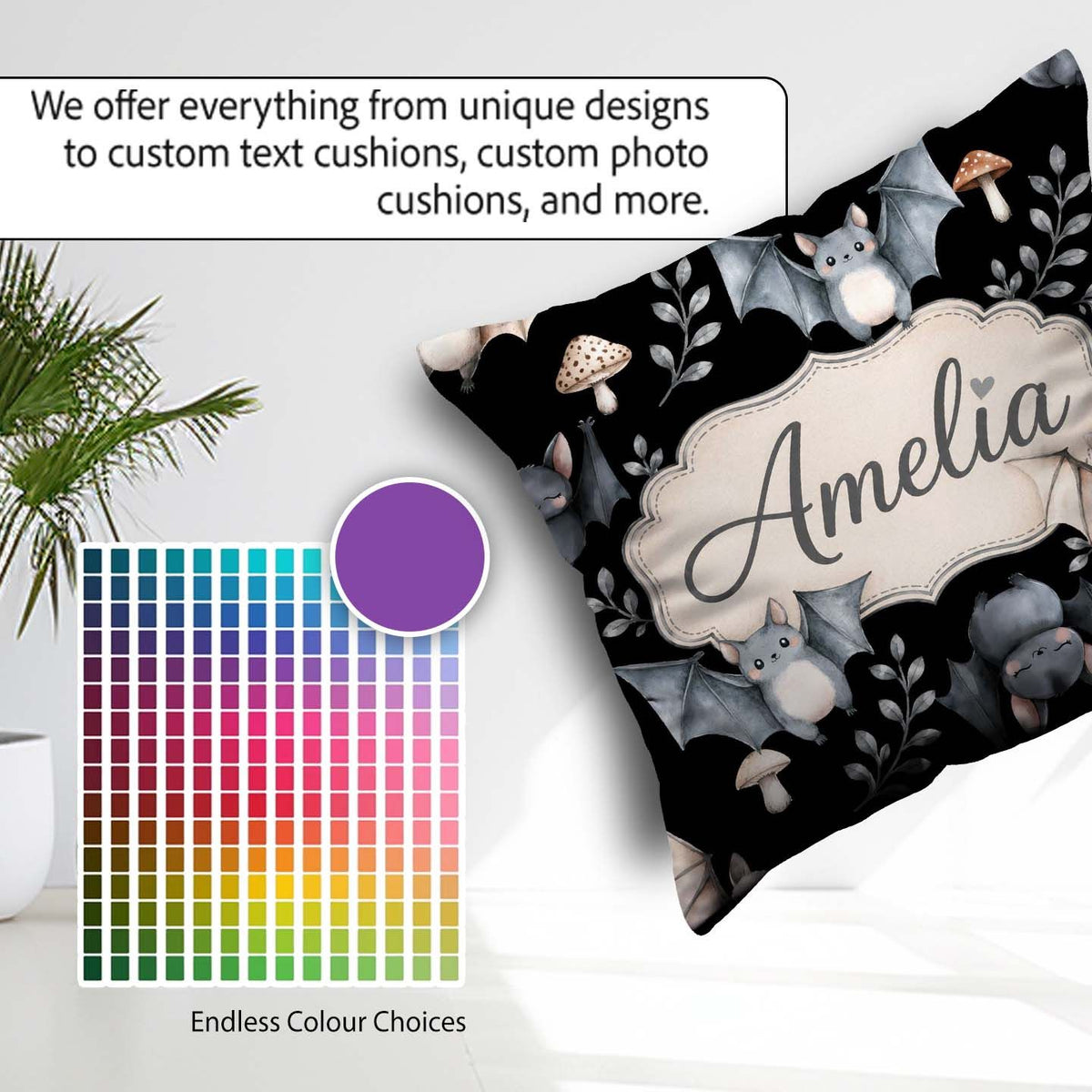 Custom Name Halloween Bats Stars Night Sky Seamless Pattern Name Square Filled Cushion Throw Pillow Sofa Bed Home Decor Zip Washable UK Made