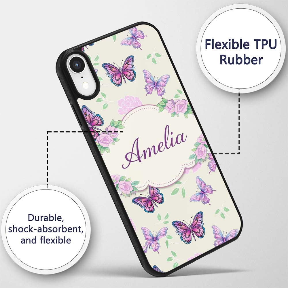 Pink Purple Butterfly Floral Beige Background Custom Name Protective Phone Case Mobile Cover Durable Everyday Smartphone Shock Resistant