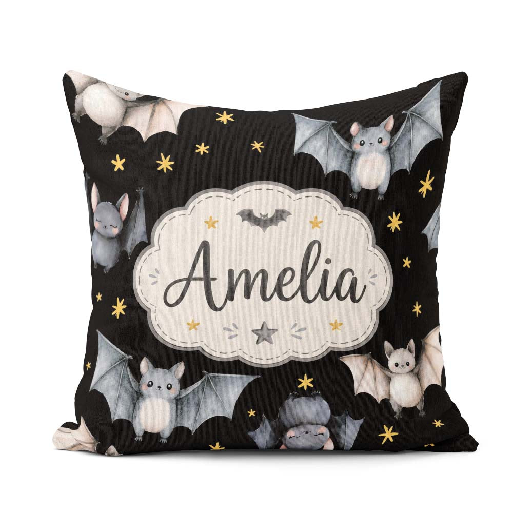 Custom Name Halloween Bats Flying Yellow Stars Night Sky Pattern Square Filled Cushion Throw Pillow Sofa Bed Home Decor Zip Washable UK Made