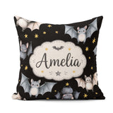 Custom Name Halloween Bats Flying Yellow Stars Night Sky Pattern Square Filled Cushion Throw Pillow Sofa Bed Home Decor Zip Washable UK Made