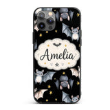 Cute Halloween Bats Flying Yellow Stars Night Sky Custom Name Protective Phone Case Mobile Cover Durable Everyday Smartphone Shock Resistant