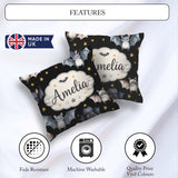 Custom Name Halloween Bats Flying Yellow Stars Night Sky Pattern Square Filled Cushion Throw Pillow Sofa Bed Home Decor Zip Washable UK Made