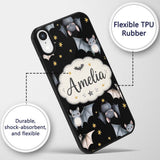 Cute Halloween Bats Flying Yellow Stars Night Sky Custom Name Protective Phone Case Mobile Cover Durable Everyday Smartphone Shock Resistant