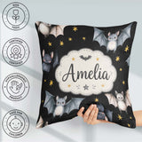 Custom Name Halloween Bats Flying Yellow Stars Night Sky Pattern Square Filled Cushion Throw Pillow Sofa Bed Home Decor Zip Washable UK Made