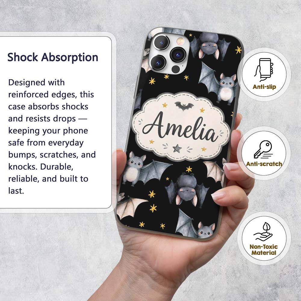 Cute Halloween Bats Flying Yellow Stars Night Sky Custom Name Protective Phone Case Mobile Cover Durable Everyday Smartphone Shock Resistant