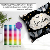 Custom Name Halloween Bats Flying Yellow Stars Night Sky Pattern Square Filled Cushion Throw Pillow Sofa Bed Home Decor Zip Washable UK Made