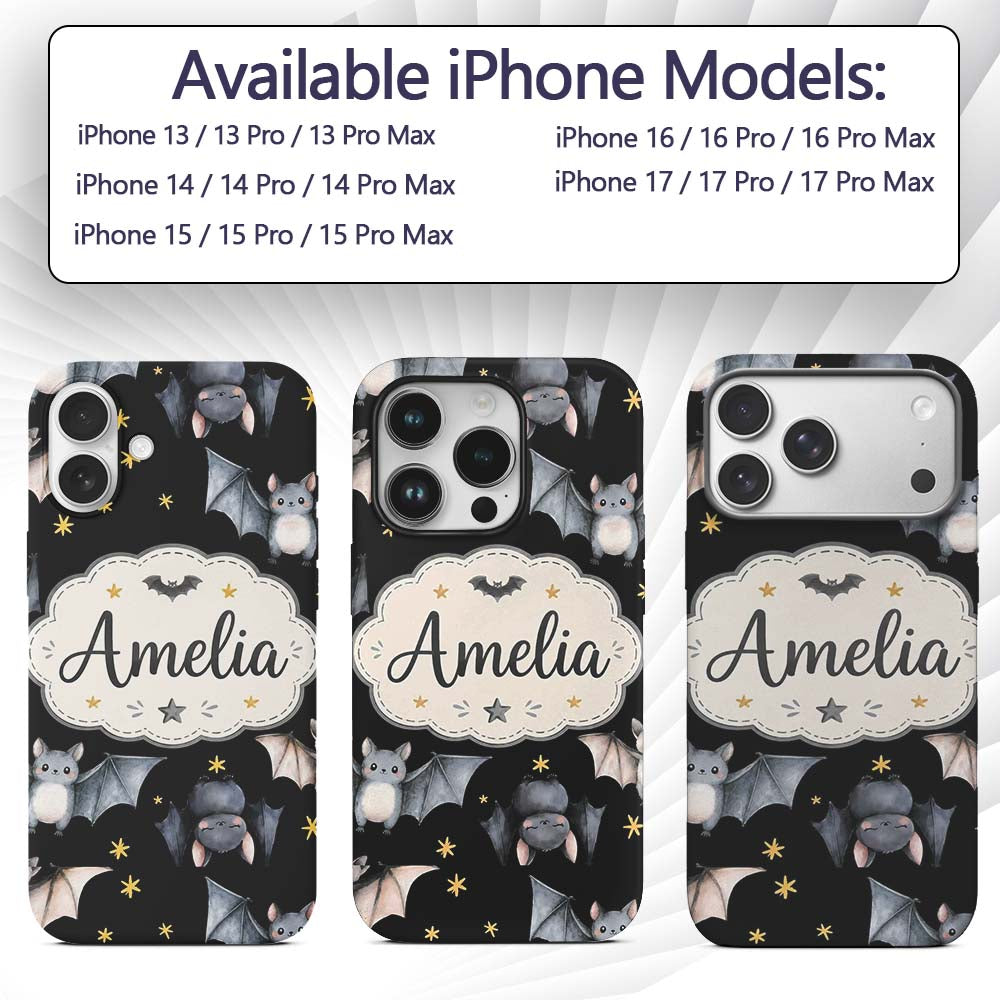 Cute Halloween Bats Flying Yellow Stars Night Sky Custom Name Protective Phone Case Mobile Cover Durable Everyday Smartphone Shock Resistant