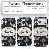 Cute Halloween Bats Flying Yellow Stars Night Sky Custom Name Protective Phone Case Mobile Cover Durable Everyday Smartphone Shock Resistant
