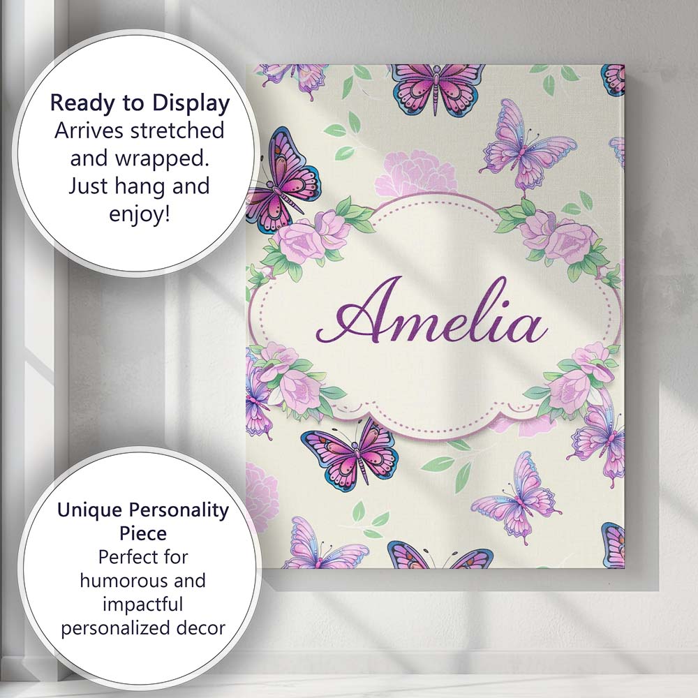 Personalised Name Pink Purple Butterfly Floral Beige Background Custom  Statement Canvas Wall Art Print Decor Picture Ready to Hang