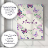 Personalised Name Pink Purple Butterfly Floral Beige Background Custom  Statement Canvas Wall Art Print Decor Picture Ready to Hang