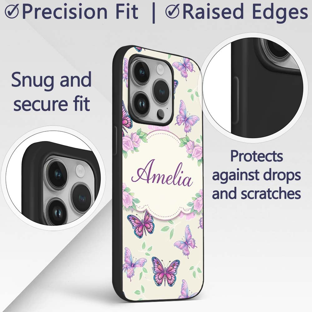 Pink Purple Butterfly Floral Beige Background Custom Name Protective Phone Case Mobile Cover Durable Everyday Smartphone Shock Resistant
