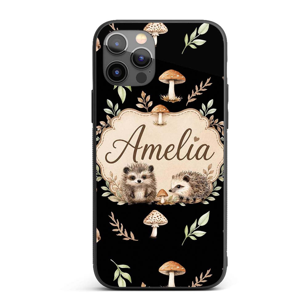 Cute Hedgehog Woodland Mushrooms Leaves Forest Custom Name Protective Phone Case Mobile Cover Durable Everyday Smartphone Shock Resistant
