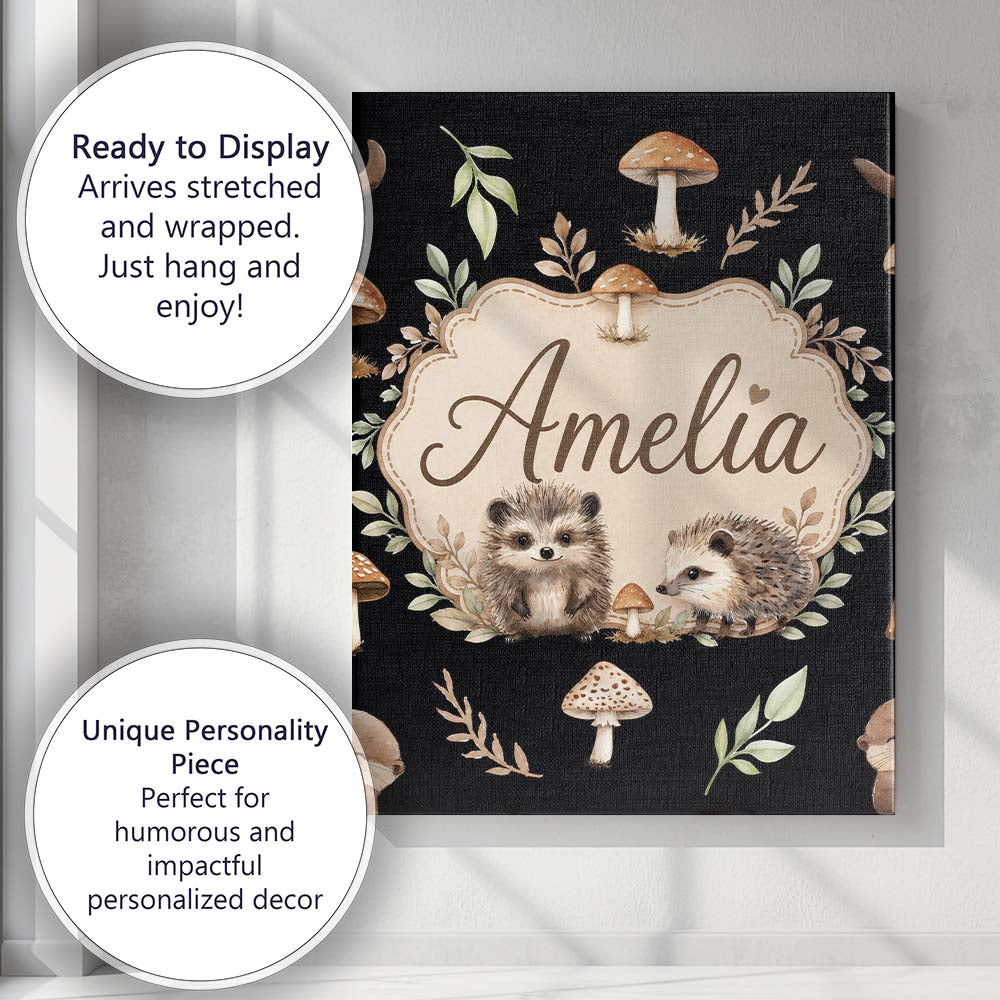 Personalised Name Cute Hedgehog Woodland Custom  Unique Gift Idea Elegant Feature Canvas Wall Art Print Decor Picture Ready to Hang