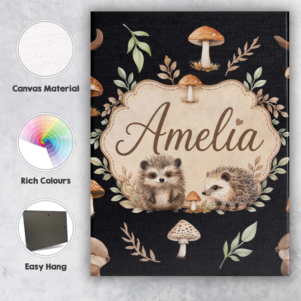 Personalised Name Cute Hedgehog Woodland Custom  Unique Gift Idea Elegant Feature Canvas Wall Art Print Decor Picture Ready to Hang
