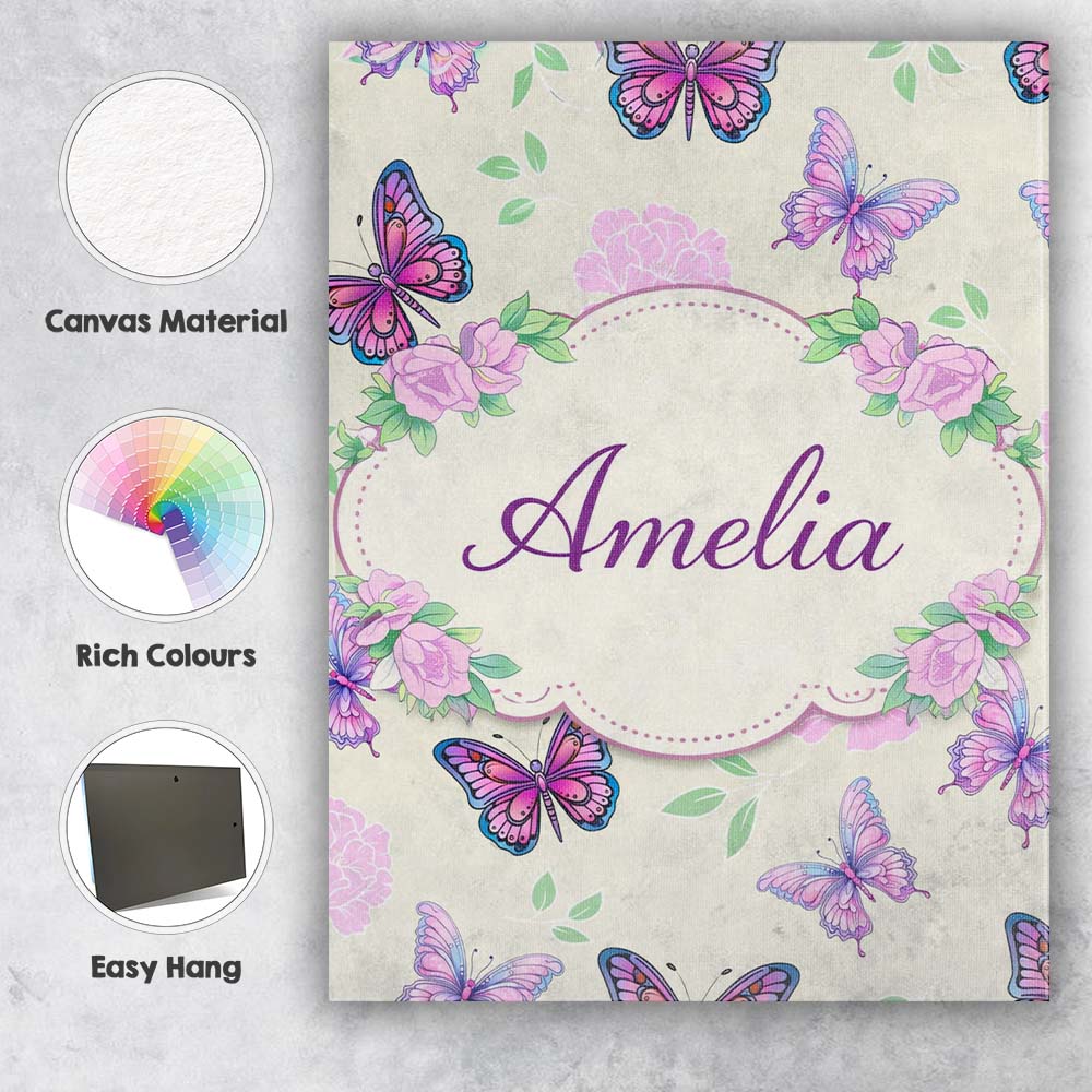 Personalised Name Pink Purple Butterfly Floral Beige Background Custom  Statement Canvas Wall Art Print Decor Picture Ready to Hang