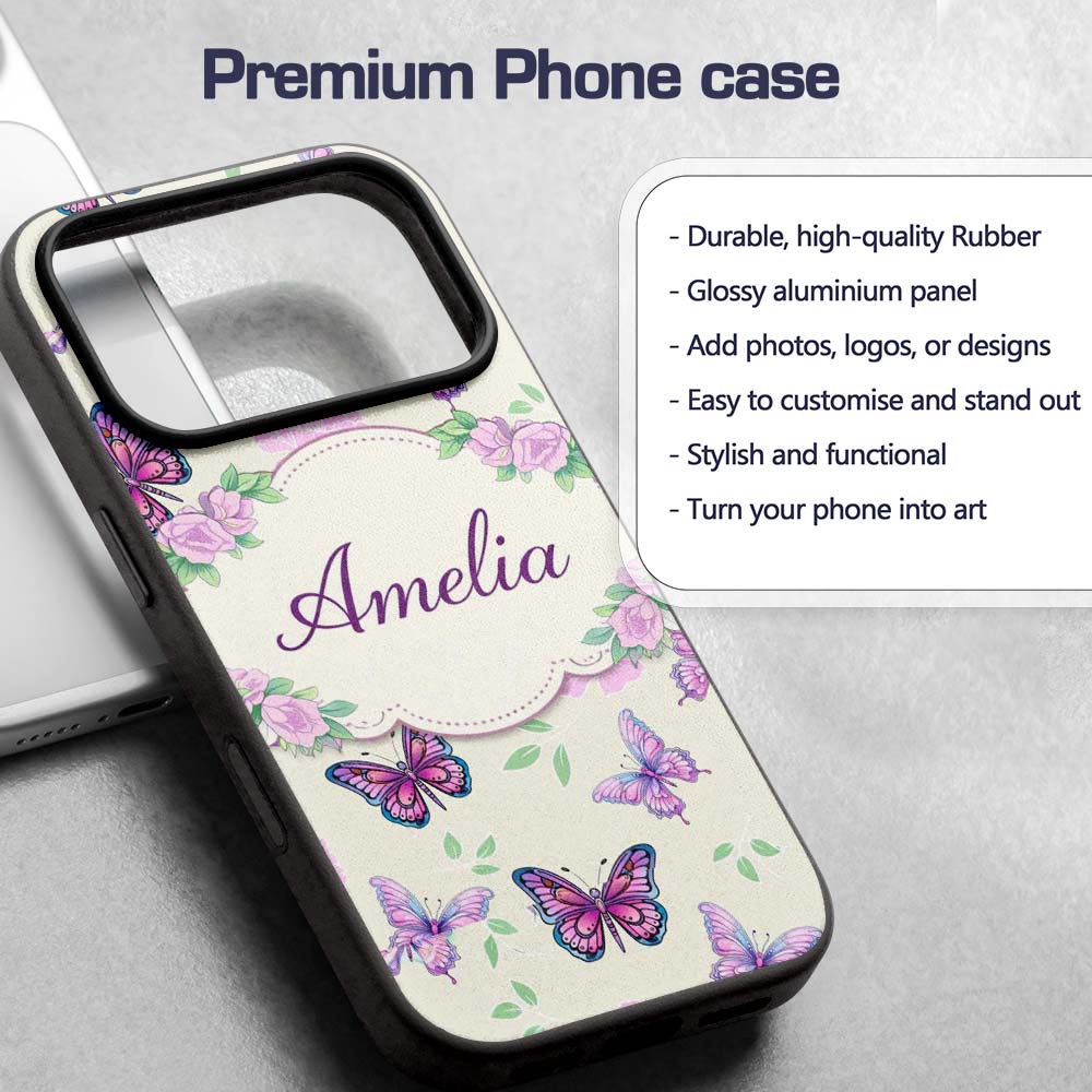 Pink Purple Butterfly Floral Beige Background Custom Name Protective Phone Case Mobile Cover Durable Everyday Smartphone Shock Resistant