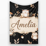 Cute Owls Sitting on Branch Woodland Leaves Mushrooms Seamless  Personalised Custom Name Super Soft Fleece Blanket Bed Sofa Throw