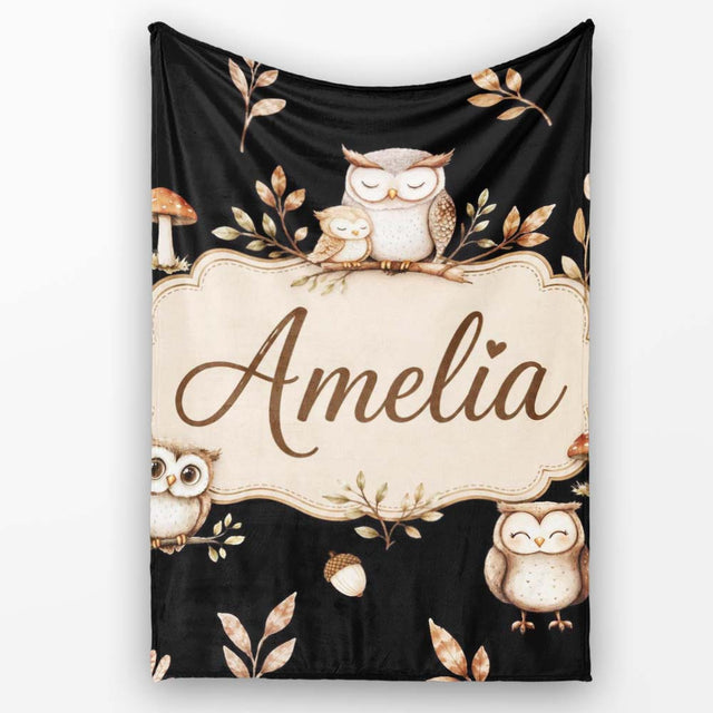 Cute Owls Sitting on Branch Woodland Leaves Mushrooms Seamless  Personalised Custom Name Super Soft Fleece Blanket Bed Sofa Throw