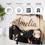 Cute Owls Sitting on Branch Woodland Leaves Mushrooms Seamless  Personalised Custom Name Super Soft Fleece Blanket Bed Sofa Throw