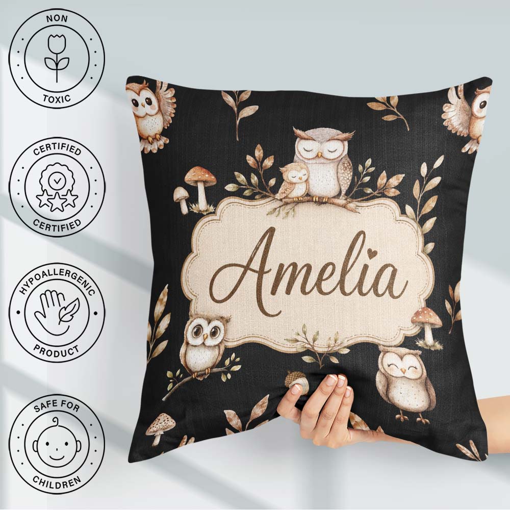 Custom Name Cute Owls Sitting on Branch Woodland Leaves Seamless Square Filled Cushion Throw Pillow Sofa Bed Home Decor Zip Washable UK Made