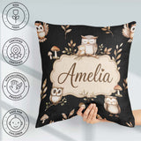 Custom Name Cute Owls Sitting on Branch Woodland Leaves Seamless Square Filled Cushion Throw Pillow Sofa Bed Home Decor Zip Washable UK Made