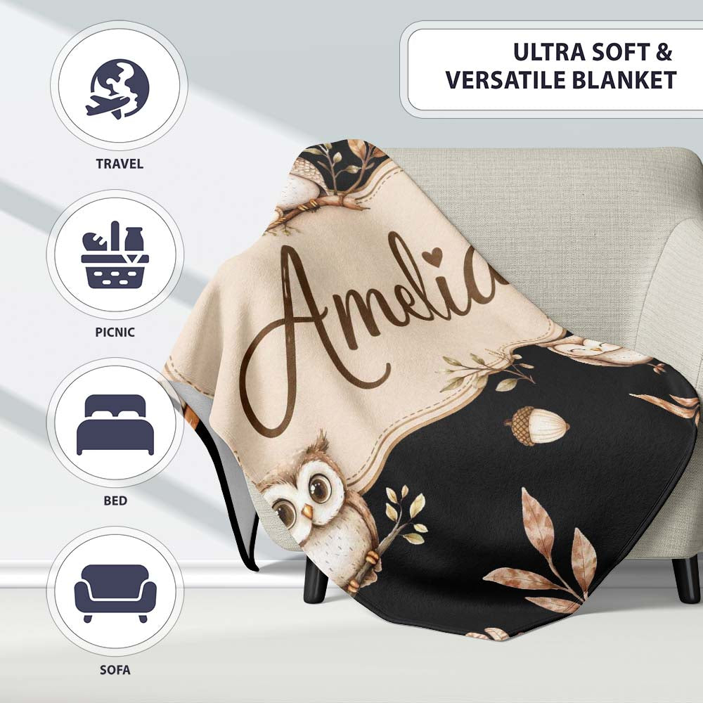 Cute Owls Sitting on Branch Woodland Leaves Mushrooms Seamless  Personalised Custom Name Super Soft Fleece Blanket Bed Sofa Throw