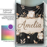 Cute Owls Sitting on Branch Woodland Leaves Mushrooms Seamless  Personalised Custom Name Super Soft Fleece Blanket Bed Sofa Throw