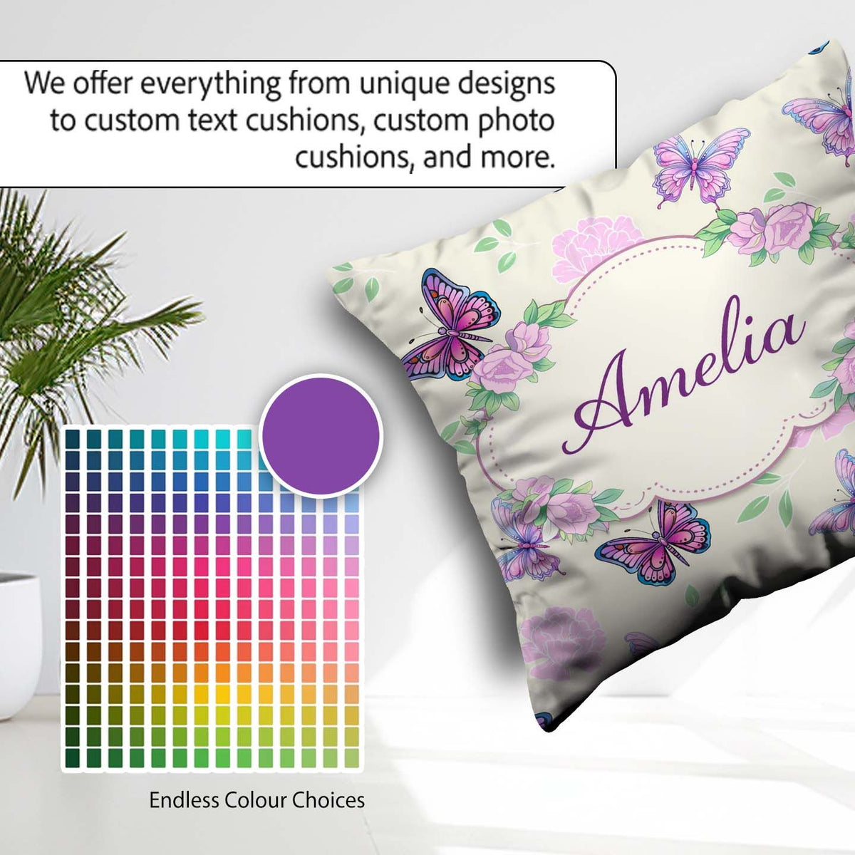 Custom Name Pink Purple Floral Beige Background Seamless Pattern Square Filled Cushion Throw Pillow Sofa Bed Home Decor Zip Washable UK Made
